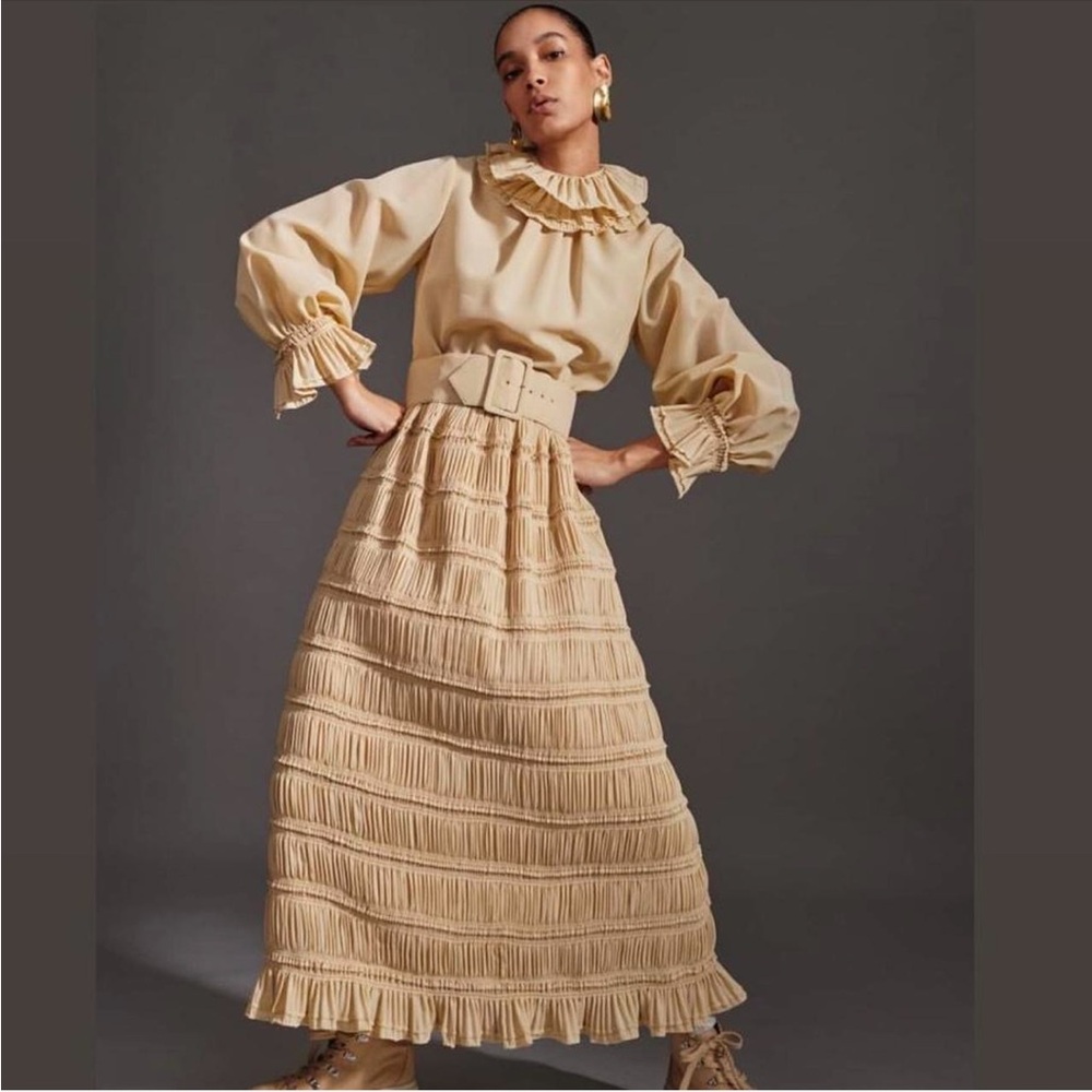 Cream Striped Maxi Skirt with Ruffled Hem